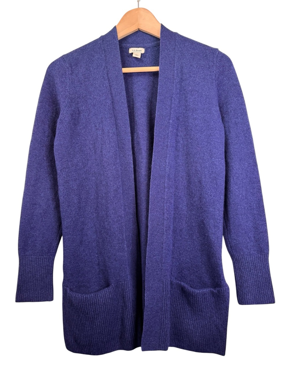 LL Bean 100% Cashmere Royal Blue Cardigan Size Small Open Front Sweater Pockets